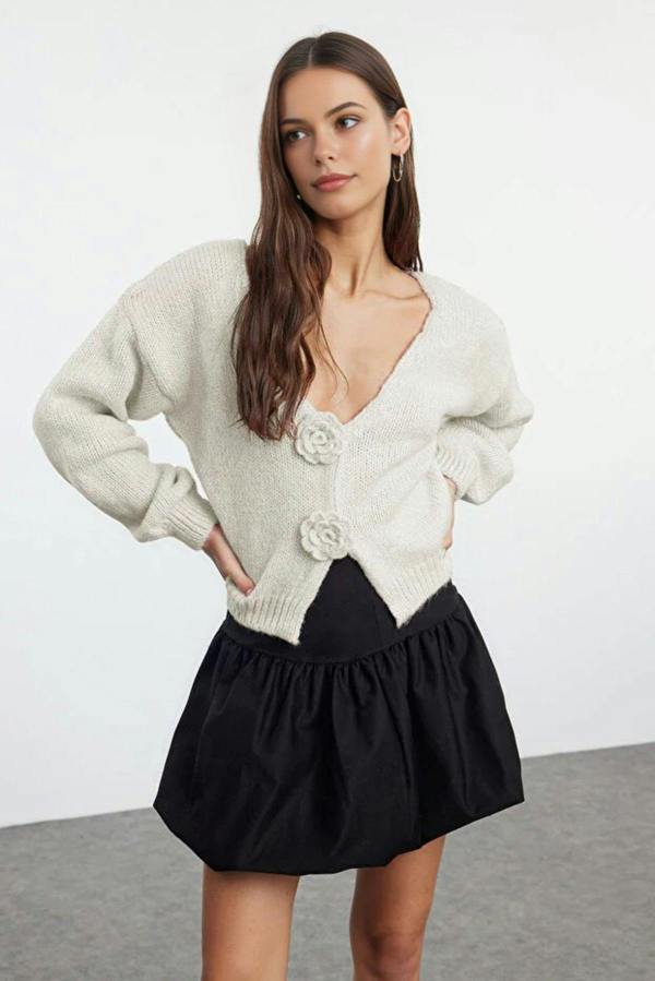 WOVCOR Soft Textured Knit Cardigan with Rose Detail