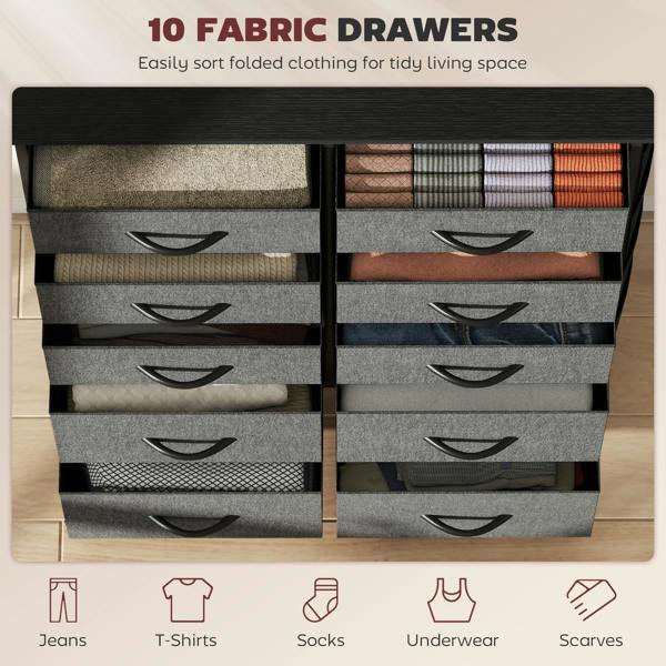 HOMCOM Fabric Chest of Drawers, 10 Drawer Dresser for Bedroom, Grey