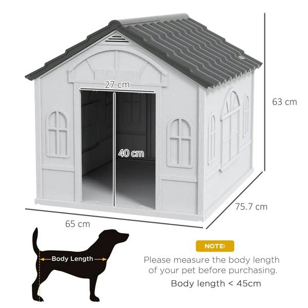 Grey plastic dog house with front door; 65 cm wide, 75.7 cm deep, 63 cm high