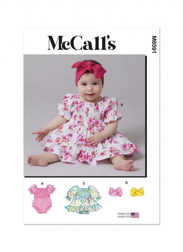 McCalls 8591 Paper Sewing Pattern – Baby Dress & Hat, Size XS-L, Intermediate