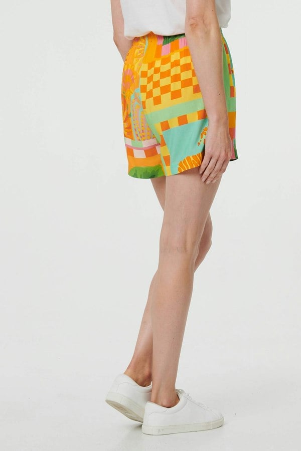 Orange | Patchwork Print Tie Waist Relaxed Shorts
