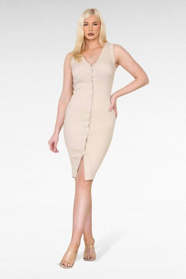 Elaina Fashion Women's Stone Casual Thick Ribbed Midi Knee Dress - Sleeveless Slim Bodycon with Front Open Button Design, V-Neck Ribbed Sweater Dress