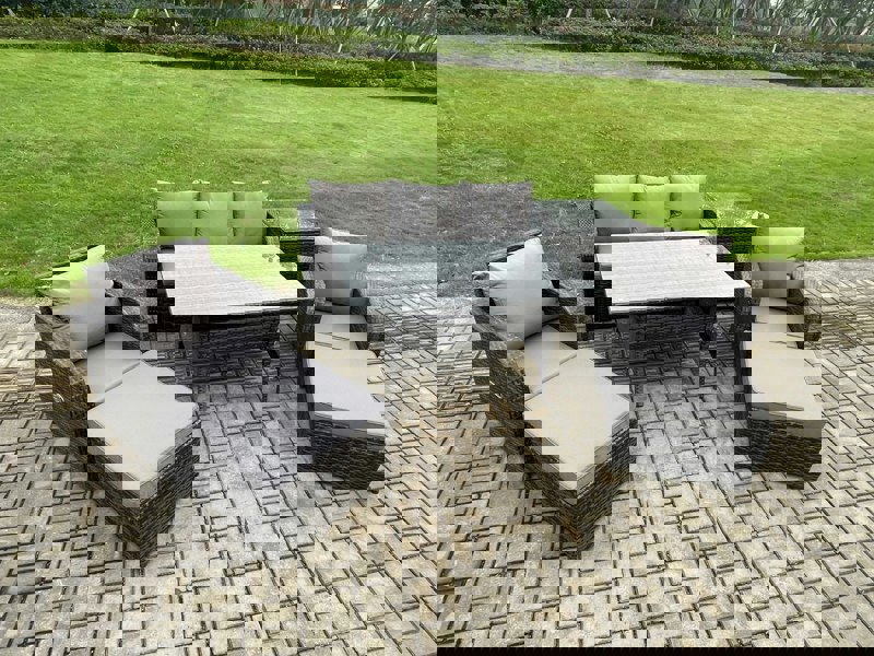 Fimous 7 Seater Rattan Outdoor Garden Furniture Set Rectangular Dining Table and Chair Sofa Set With Side Table 2 Big Footstool Dark Grey Mixed