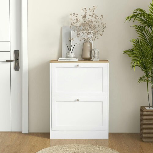Wyld Haus Lori Wooden White Natural Top Shoe Cabinet With 2 Flip Drawers