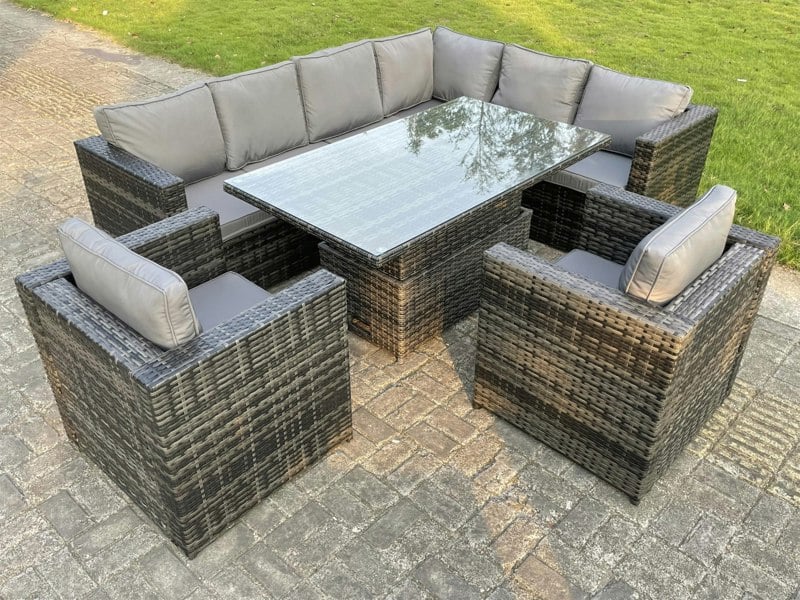 Fimous Dark Mixed Grey Outdoor Rattan Garden Furniture Sofa Set Rising Adjustable Dining Or Coffee Table 2 Chairs Patio Furniture Right Corner