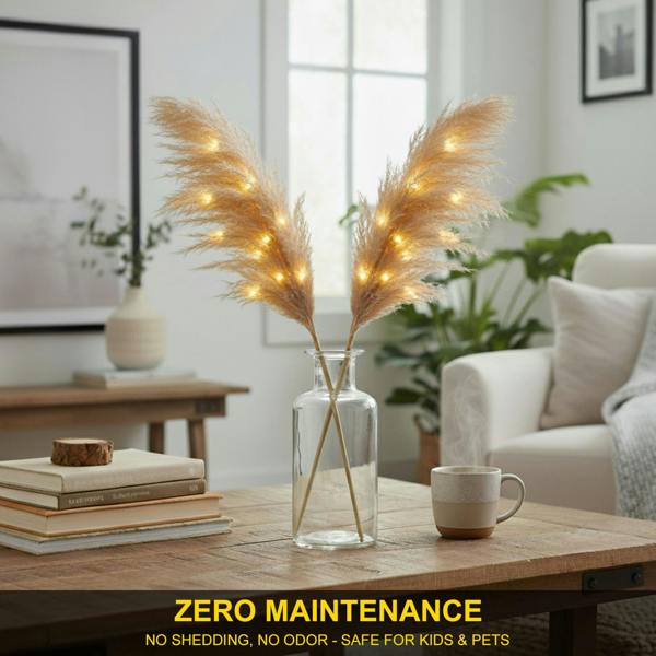 45cm to 100cm Champagne Pampas Grass with Warm White LEDs, Battery-Operated Decorative Stem image 9