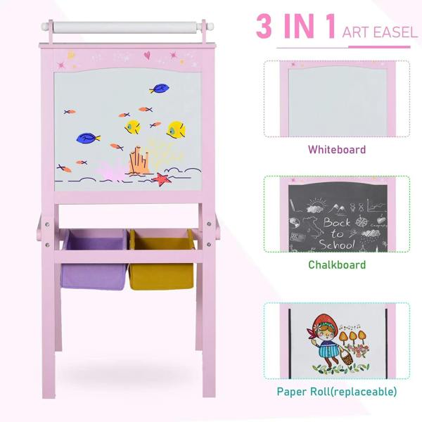 Pink 3-in-1 art easel with whiteboard, chalkboard, paper roll, and two storage baskets