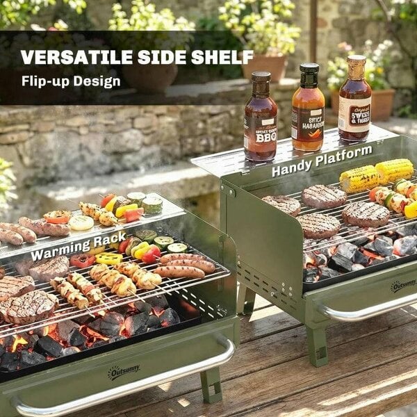 Bobobiy Portable BBQ Grill, Charcoal Barbecue Grill with Adjustable Grates, Foldable Legs, Side Shelf for Camping Travel, Green