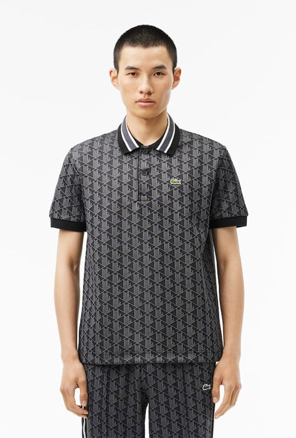 Lacoste Men's Classic Fit Monogram Jacquard Polo Shirt - Black