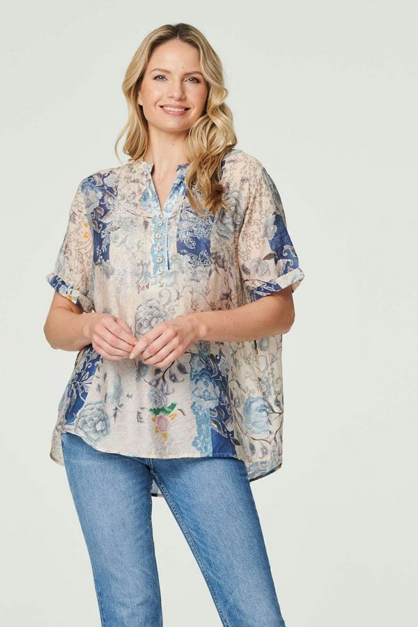 Blue | Floral Collarless Short Sleeve Blouse

