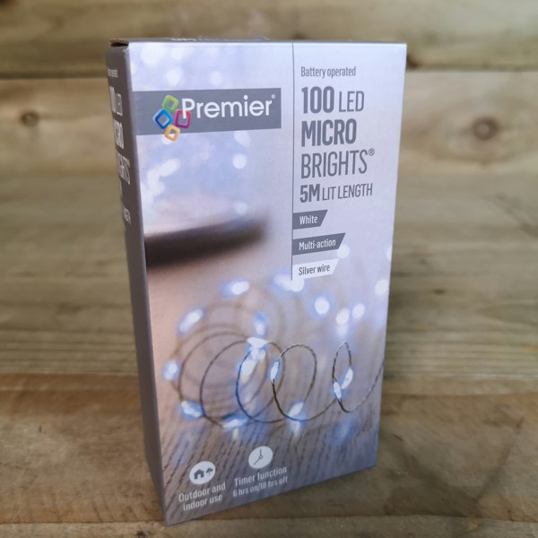 Samuel Alexander 100 LED 5m Premier MicroBrights Indoor Outdoor Christmas Multi Function Battery Operated Lights with Timer on Pin Wire in Cool White