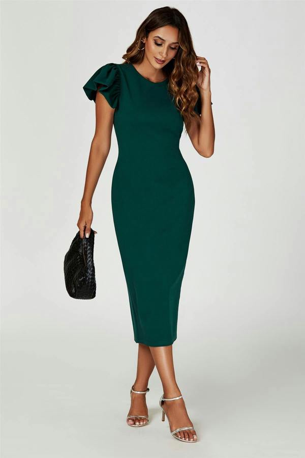 FS Collection Volume Sleeve Bodycon Midi Dress In Green