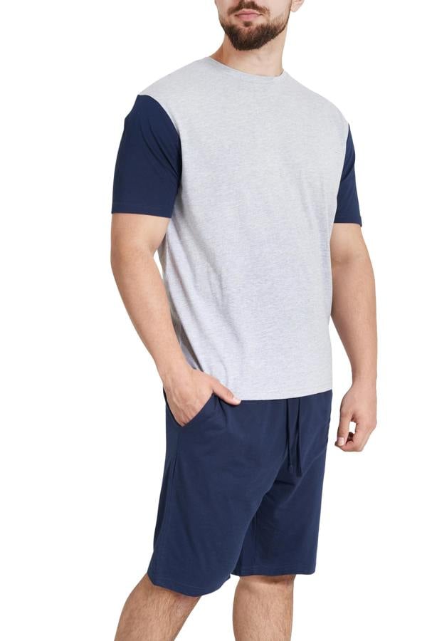 Smart Living Mens Contrast Tee & Short-Leg Pyjama Set - Grey/Navy