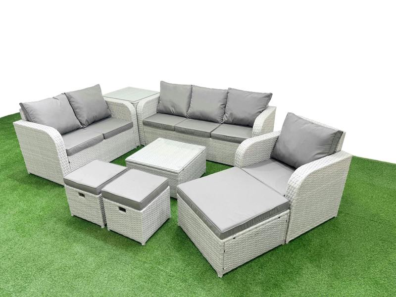 Fimous 9 Seater Garden Sofa Set, PE Wicker, Square Coffee Table, Reclining Chair, Loveseat, 3 Seater Sofa, Stool and Side Table, Light Grey