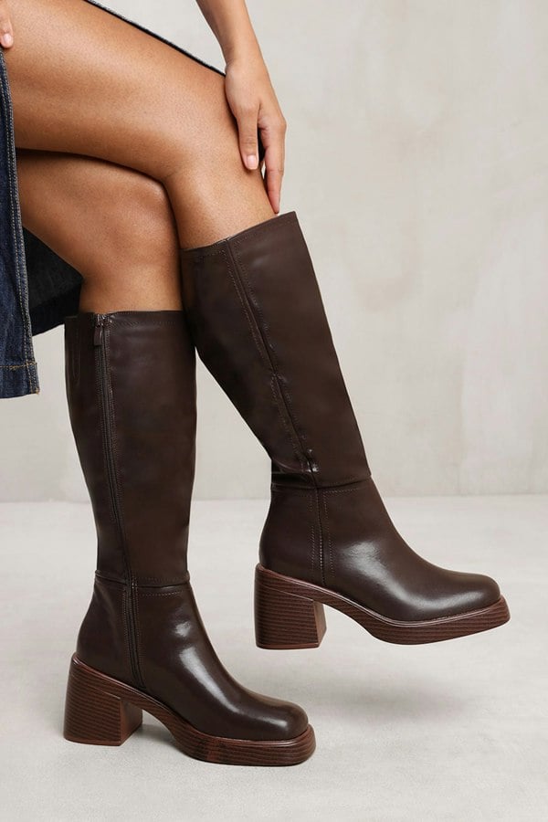 Where's That From Maddie Below Knee Boot With Chunky Heel in Brown Faux Leather