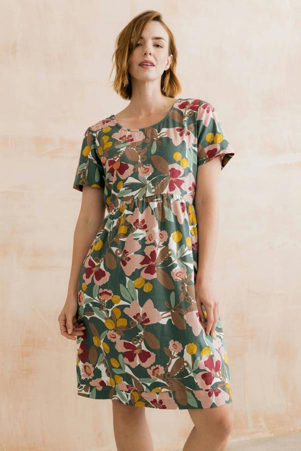 Carnival Linen Blend Printed Dress Laurel Green