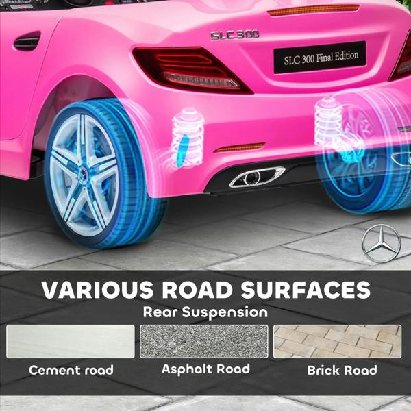 Pink kids ride-on car with glowing blue wheel lights and rear suspension detail
