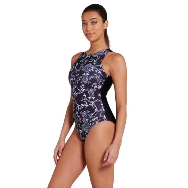 Zoggs Classique hi-front swimsuit in black white floral with medium leg height