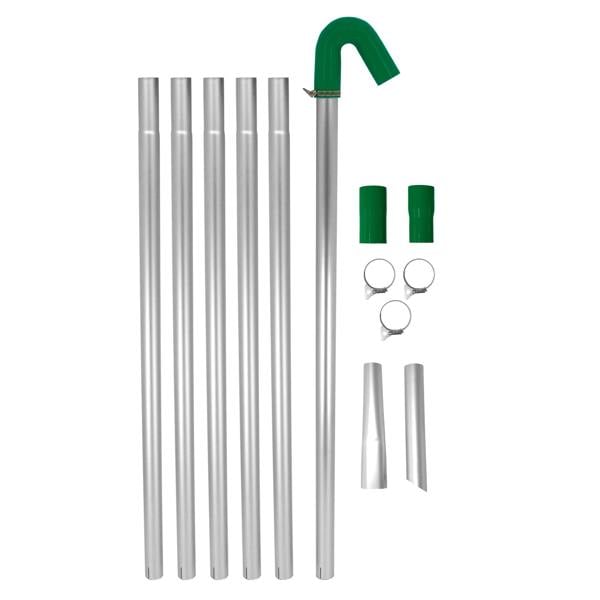 Gutter vacuum poles in silver aluminum with green curved attachment, includes clamps and nozzles for versatile cleaning use