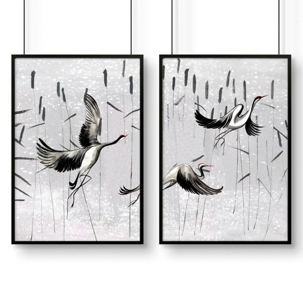 Cranes Japanese Art for home office | Set of 2 wall art prints