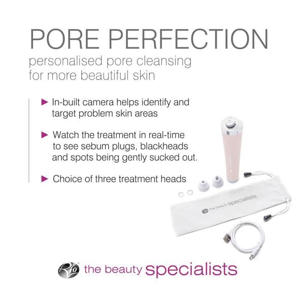 The Rio Pore Perfection kit includes three treatment heads, a storage pouch, and USB cable. Features an in-built camera for real-time skin care and personalized treatments by The Beauty Specialists for radiant skin.