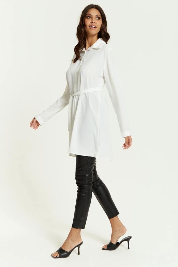 Hoxton Gal Oversized Belt Detailed Shirt Tunic with Long Sleeves in White