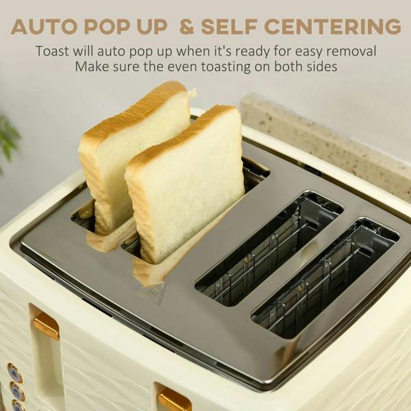 Beige toaster with self-centering slots holding thick bread slices beside kettle