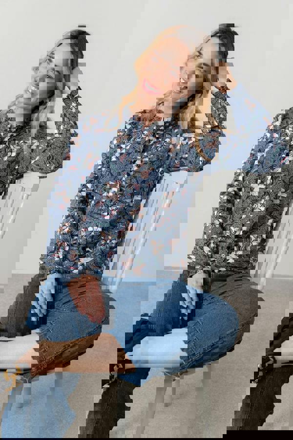 Lily & Me Rachel Frill Printed Blouse Navy