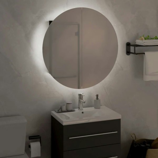 Berkfield Bathroom Cabinet with Round Mirror&LED Black 47x47x17.5 cm