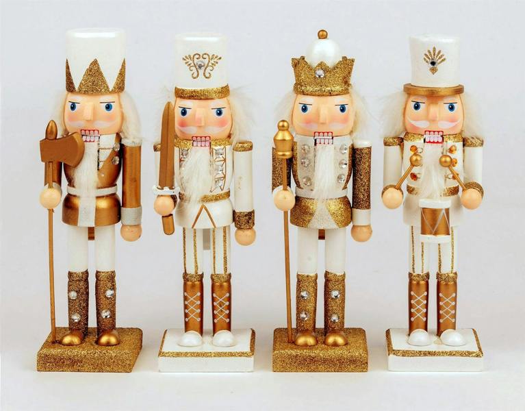 25cm Wooden Nutcracker Soldier Christmas Ornament Set of 4, Gold Hand-Painted Standing Decorations image 7