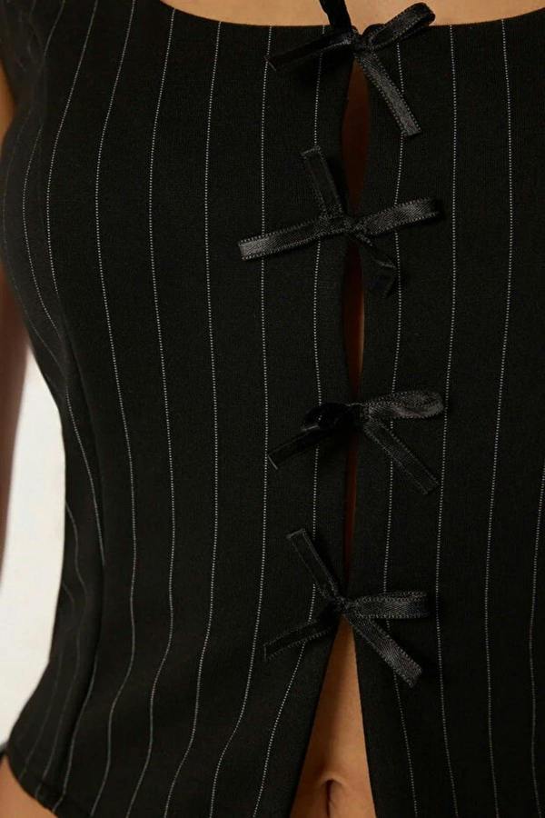 WOVCOR Striped Ribbon Tie Detail Fitted Square Neck Knitted Blouse