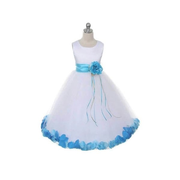 White flower girls dress with aqua petals and sash 