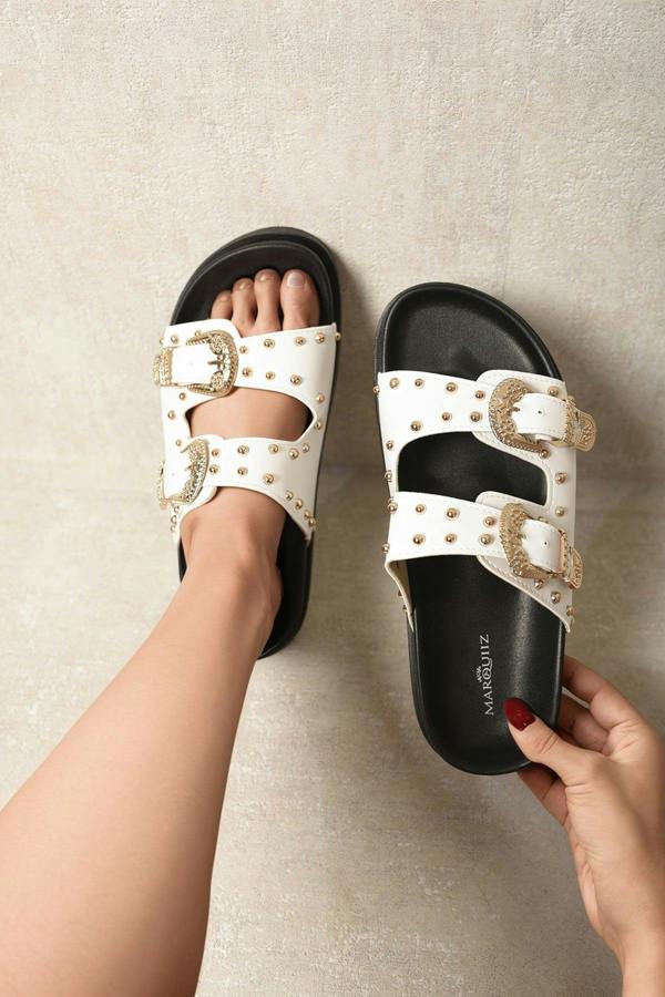Evelyn Double Strap Buckle Studded Sandals - White