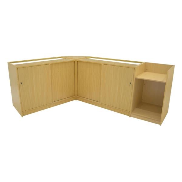 Maple Aries LED Shop Counter Set featuring a modern design with two cabinets, open shelving, and a sleek finish for retail displays