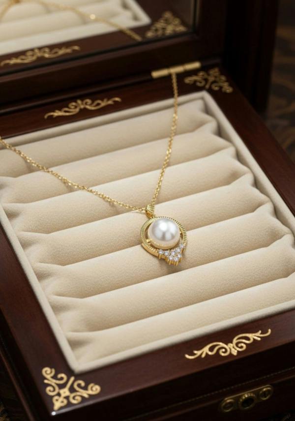 Gold necklace with a pearl pendant on a decorative jewelry box.