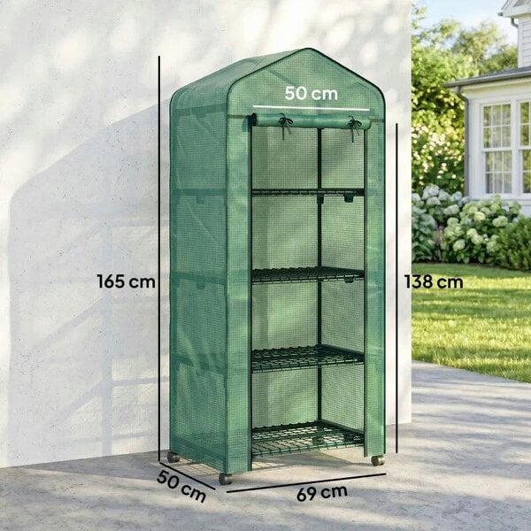 Bobobiy 4 Tier Mini Portable Greenhouse Compact Plant Grow Shed Metal Frame PE Cover with Lockable Rolling Wheels , Green