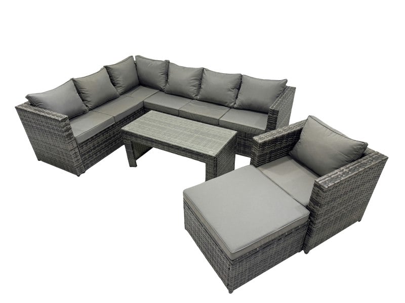 Fimous 5 Pieces Outdoor PE Rattan Garden Furniture Corner Sofa Oblong Coffee Table Set with Cushions Big Footstool Dark Grey Mixed