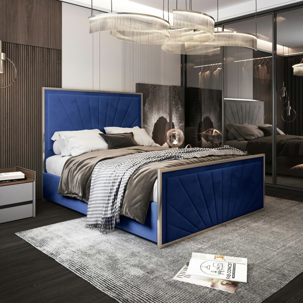 Casa Magna Roxy Upholstered Soft Velvet Metal Bed Frame - Blue