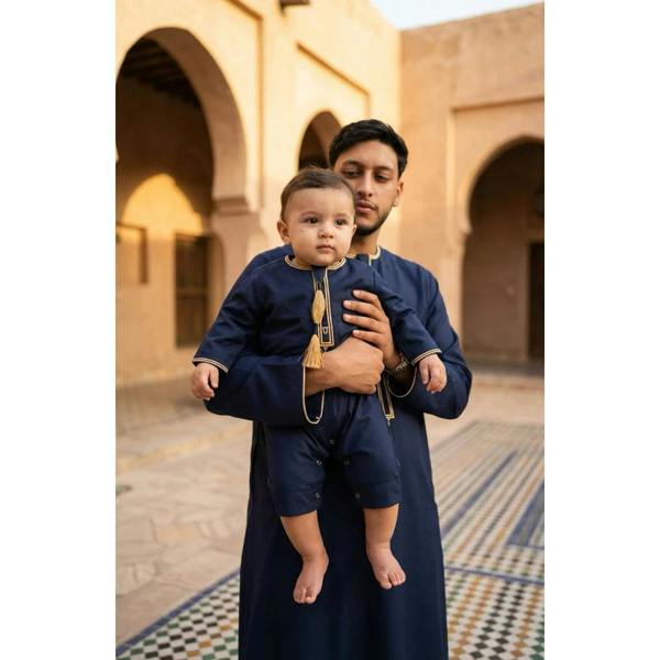 TT-003 - Baby Toddler Emirati Omani Gold Tassel Romper Thobe - Navy - Thobez - 14