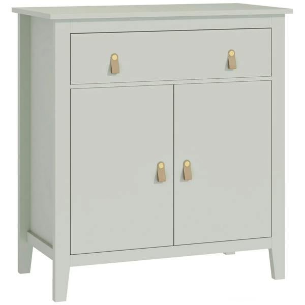 Light green farmhouse sideboard with top drawer, two cabinet doors, and wooden legs