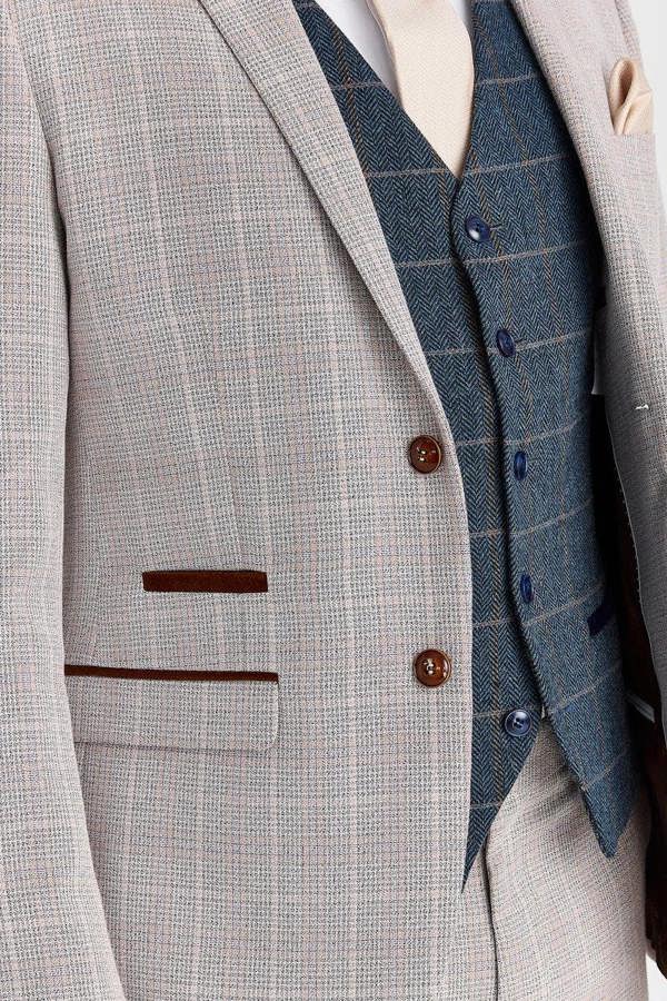 Paul Andrew Leo Beige Suit with Harris Navy Tweed Waistcoat