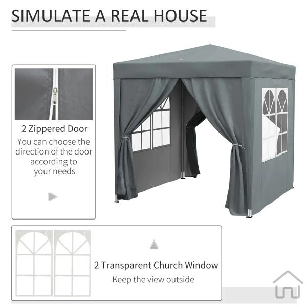 Grey pop-up gazebo party tent with zip door opening and transparent church window panels