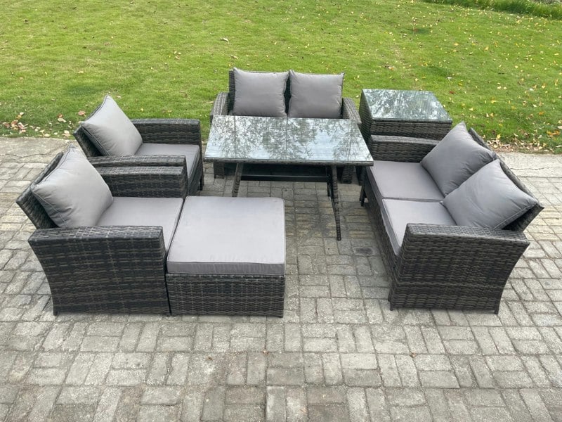 Fimous 7 Seater Dark Grey Mixed Rattan Outdoor Lounge Set - Rectangular Dining Table, Loveseat, Side Table & Footstool