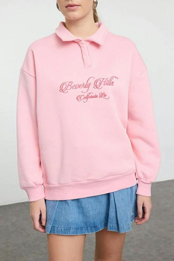 WOVCOR Shirt Collar Slogan Embroidered Polar Fleece Knit Sweatshirt