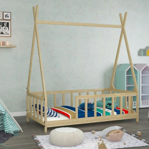 Wood House Bed Frame Low Platform Kids Bed with Safety Fence Bed Frames Living and Home