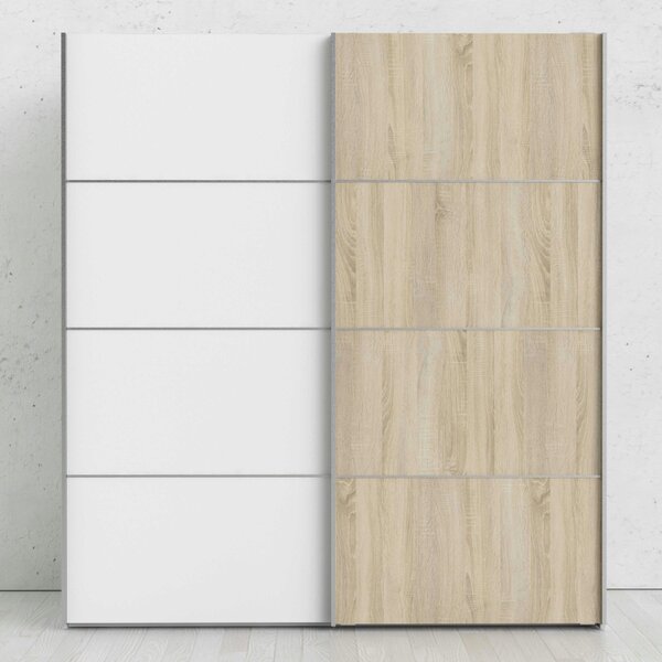 Wyld Haus Bordeaux Wide White and Natural Oak Double Sliding Door Wardrobe 5 Shelves 180cm