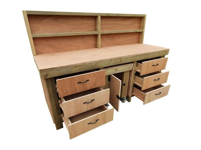 Arbor Garden Solutions Wooden Eucalyptus hardwood top workbench with drawers and functional lockable cupboard (V.5) with back