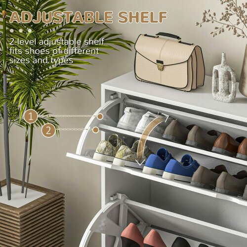 Wyld Haus Nelu Neka Wooden White Slim Entryway Shoe Cabinet With 2 Flip Drawers Slatted Design