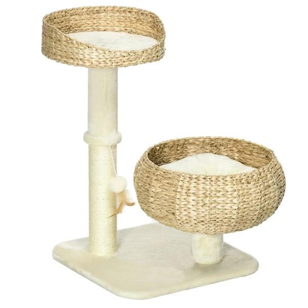 Beige cat tree tower with two sisal posts and two cushioned round beds
