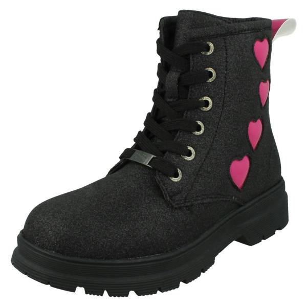 Pineapple Girls Pineapple Low Heel Lace Up Heart Glitter Boots with Inside Zip H4196